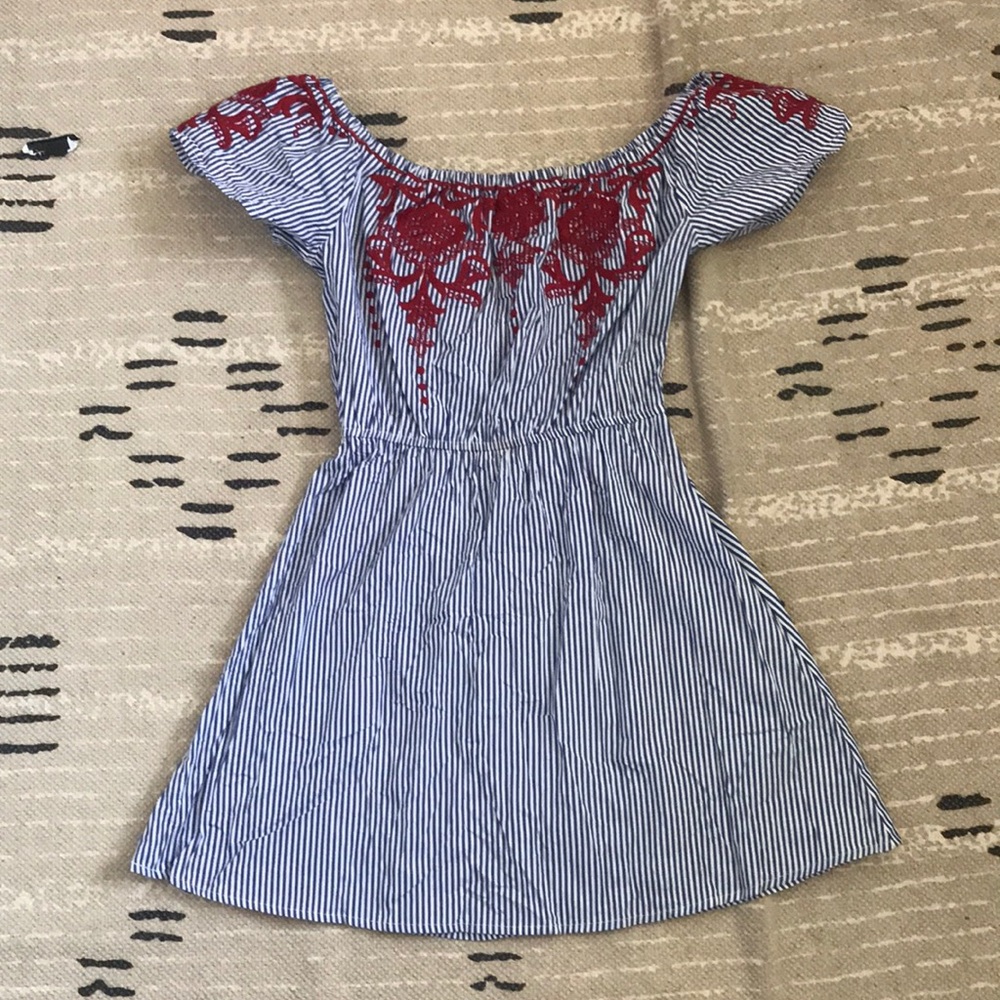 Francesca’s Blue Striped Off-The-Shoulder Dress